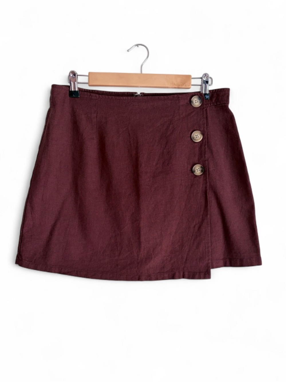 ModCloth Rust Brown Linen Blend Faux Wrap Mini Skirt Size 10